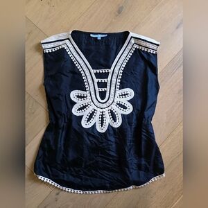 Silk Navy and White Embroidered Top